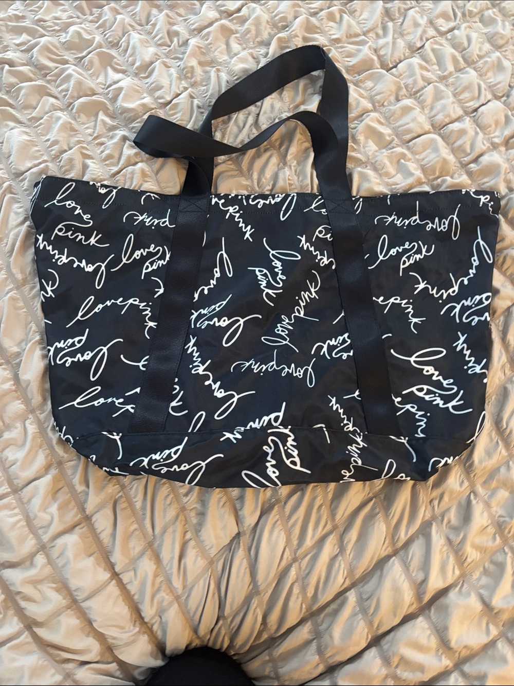 Victoria's Secret Black Tote with White Script 'Love Pink' Print